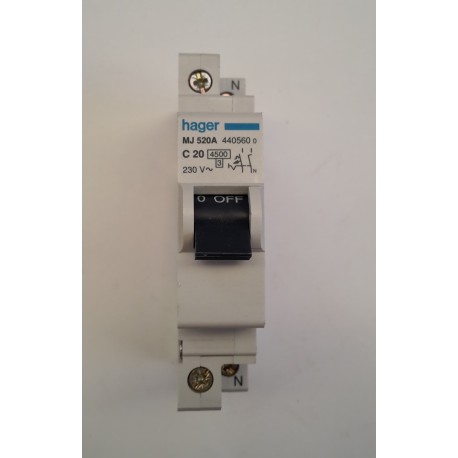 Hager - Interruttore automatico magnetosferico 20A 4,5k 1P+N - MJ 520A C20 (440560)