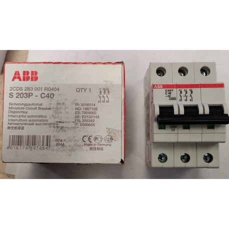ABB - INTERRUTTORE AUTOMATICO 3 POLI 40A 15KA S203P-C40
