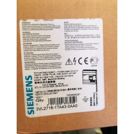 SIEMENS - INTERRUTTORE AUTOMATICO COMPATTO 3VL2716-1TA43-0AA0